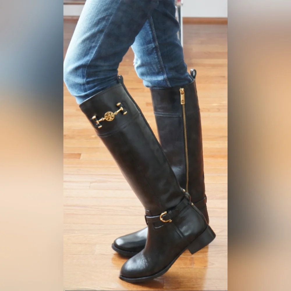Tory Burch Designer Nadine Black Leather Tall Riding Boots 8 - Picture 2 of 10
